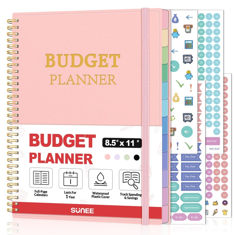 ساني مخطط ميزانية SUNEE - كتاب ميزانية شهرية مع دفتر ملاحظات لتتبع النفقات، A4 (8.5 بوصة × 11 بوصة) منظم فاتورة غير مؤرخ لمدة 12 شهرًا ومخطط مالي لإدارة أموالك، دفتر حساب مع علامة تبويب ملونة، وردي - Image 1